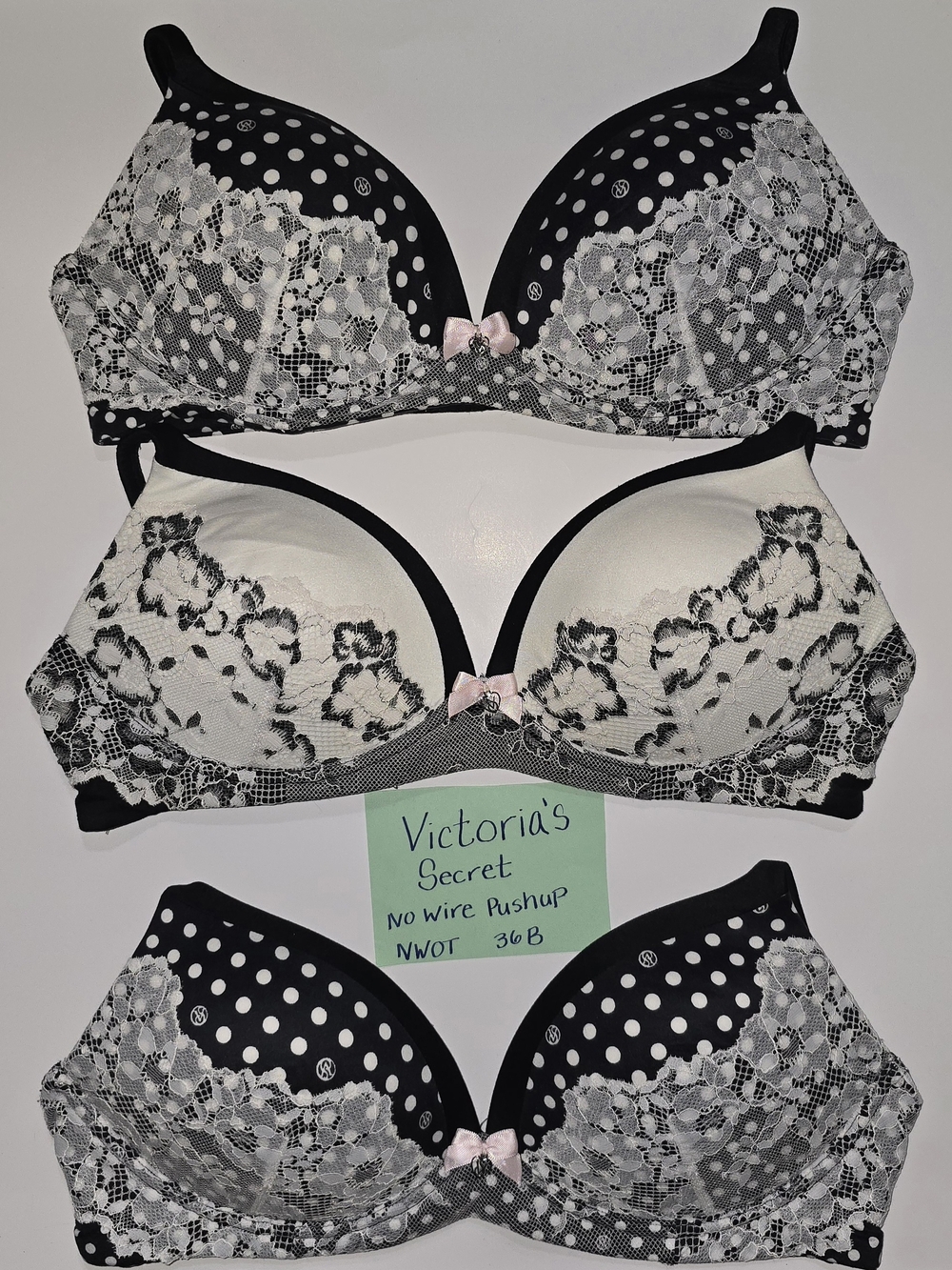 Victoria's Secret Black and White Lace No-Wire Push-Up Bra Trio